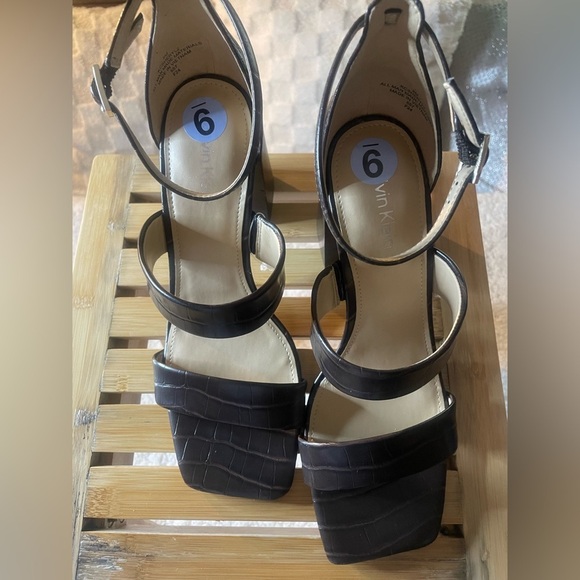 Calvin Klein 9 M, Dark Brown Sheryl Ankle Strap, Block Heel, Squared Toe Sandals - Picture 15 of 16